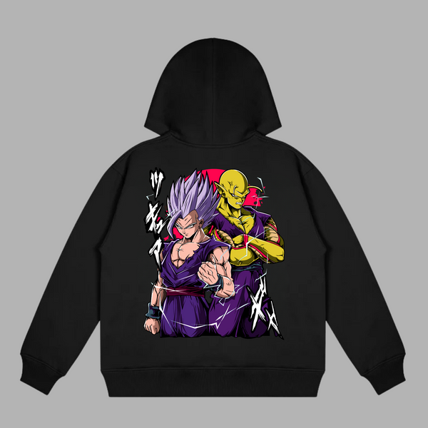 Sweat Gohan Beast et Piccolo Orange, version blanche avec illustration des deux guerriers en pleine puissance, univers Dragon Ball Super
