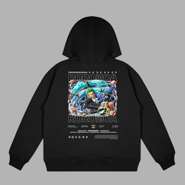 Sweat noir One Piece Roronoa Zoro entouré d’une énergie bleue intense