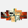 Tableau 5 pièces d'Ichigo Kurosaki en mode Bankai, tenant son sabre noir Tensa Zangetsu, sur un fond rouge et orange intense.
